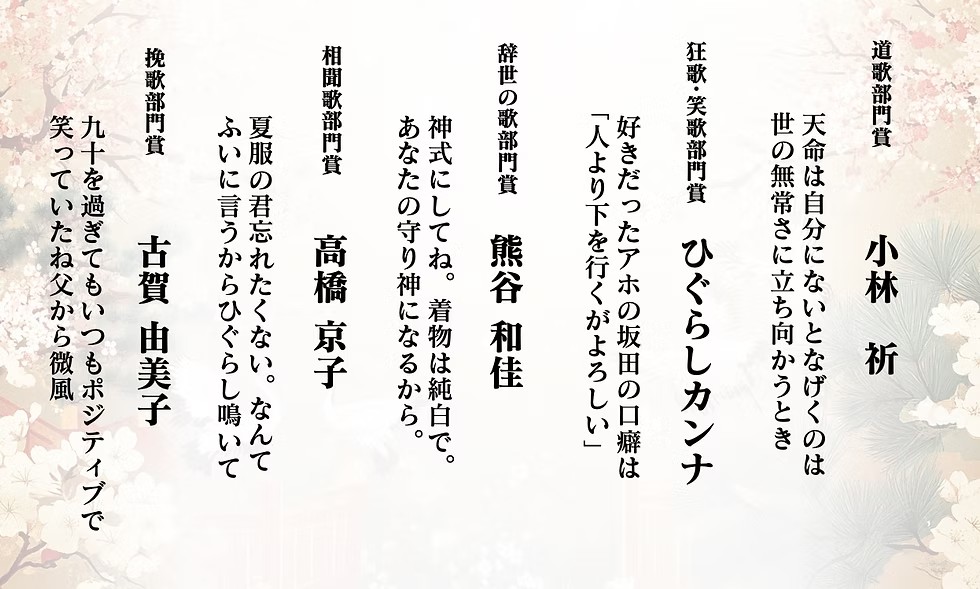 部門別賞 道歌部門 小林祈、狂歌・笑歌部門 ひぐらしカンナ、辞世の歌部門 熊谷和佳、相聞歌部門 高橋京子、挽歌部門 古賀由美子