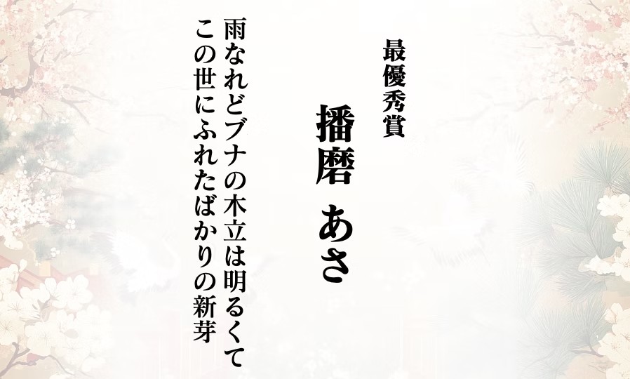 最優秀賞 播磨あさ 雨なれどブナの木立は明るくてこの世にふれたばかりの新芽